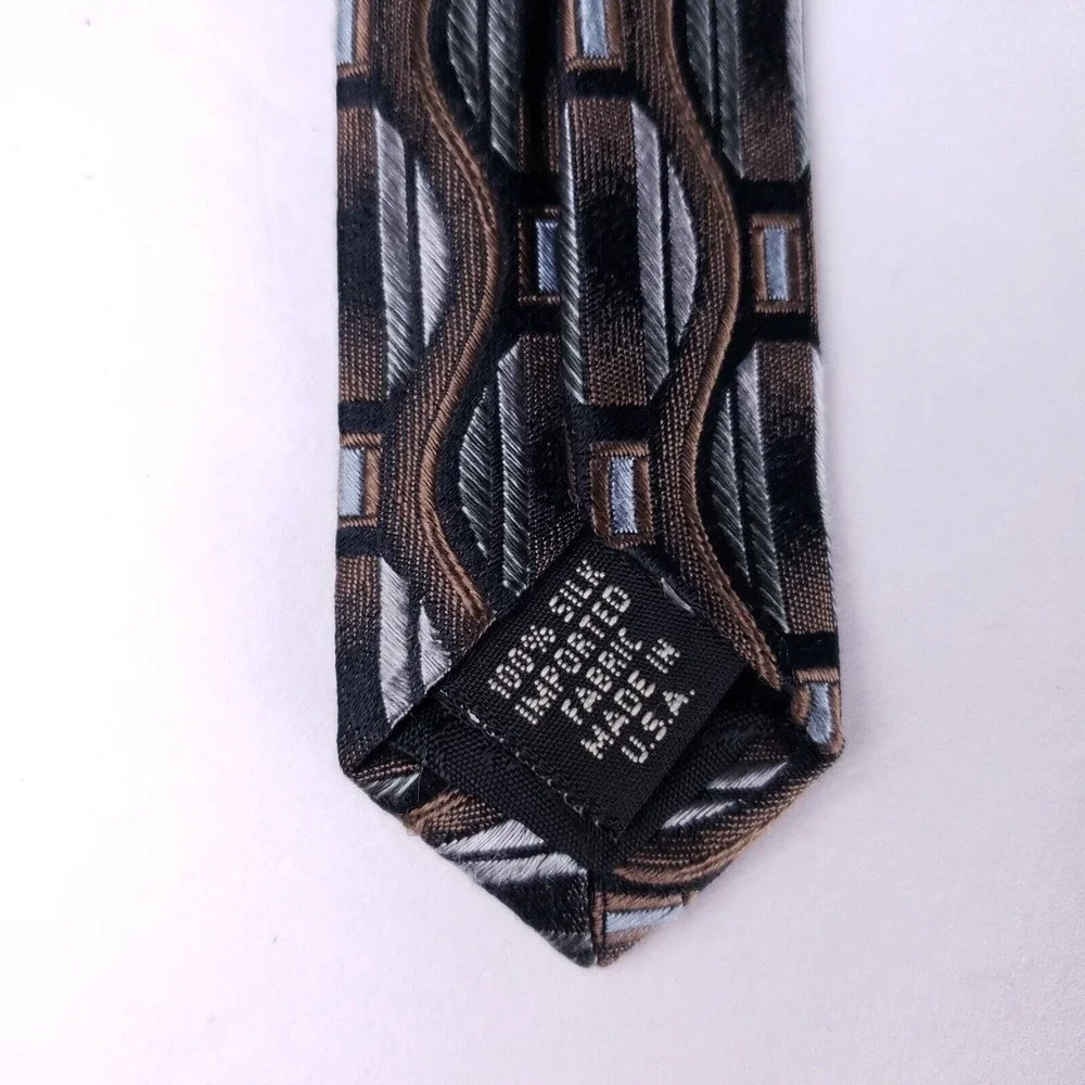 Murano Italia Geometric Silk Tie‎ Brown Black Silver Retro Business Mens Necktie